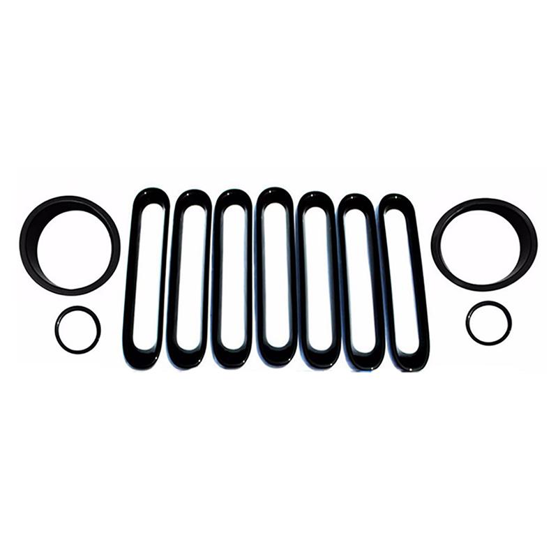 11 Stück/Set Schwarz Frontgrill Mesh Gitter + Frontscheinwerfer Nebelscheinwerfer Abdeckung Blende Für Jeep Wrangler Jk 2007- 2016 2017 Autostyling