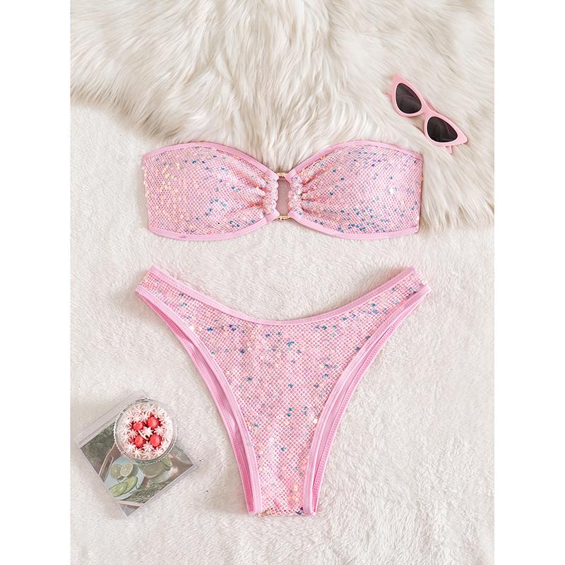 

Блестки Блестящий Блинг Бандо Бикини Женский Купальник Женская Купальная Одежда Раздельный Комплект Бикини Бразильский Купальщик Купальный Костюм Плавание L розовый