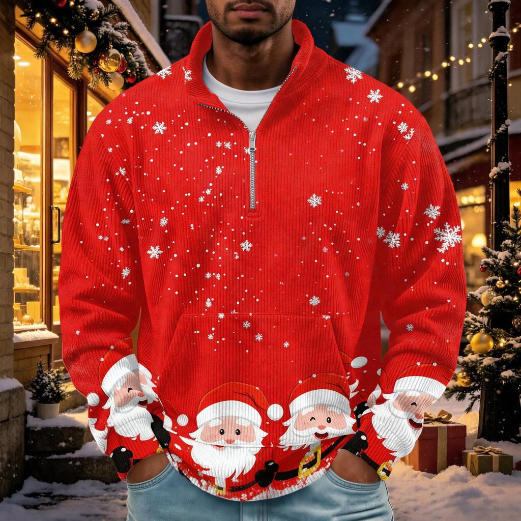 Men's Retro Corduroy Christmas Print Long Sleeve 1/4 with Stand Collar and Pocket