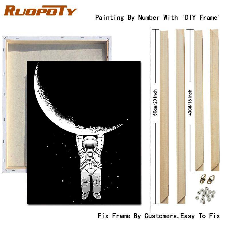 RUOPOTY צייר לפי מספרים אסטרונאוט איור קיר אמנות ייחודית מתנה מצוירת ביד תמונה לפי מספרים ירח לסלון