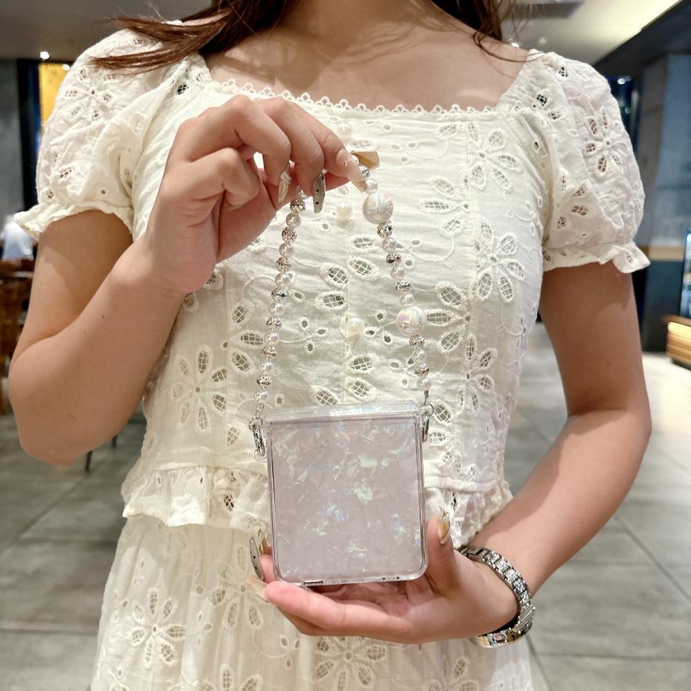 Luxury Shell Pattern Beads Bracelet Case for Samsung Galaxy Z Flip 7 6 5 flip 3 4 zflip7 Hand Wrist Chain Acrylic Hard Cover