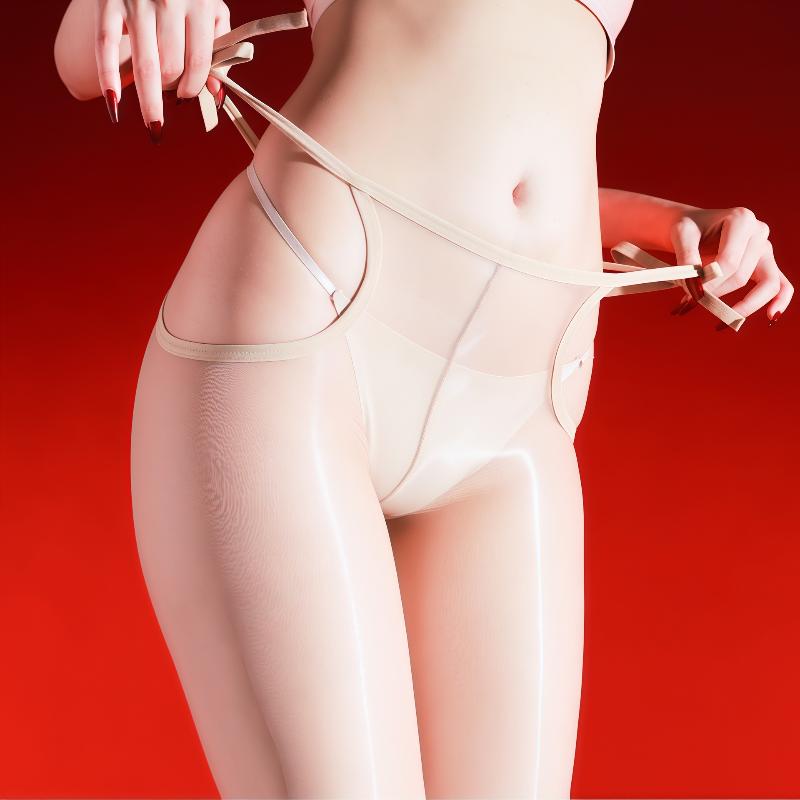 Women Sexy Tight Stockings Hollow Straps Oil Shiny Aurora Sockings Ultra-Thin Transparent Silky Smooth Open Crotch Pantyhose