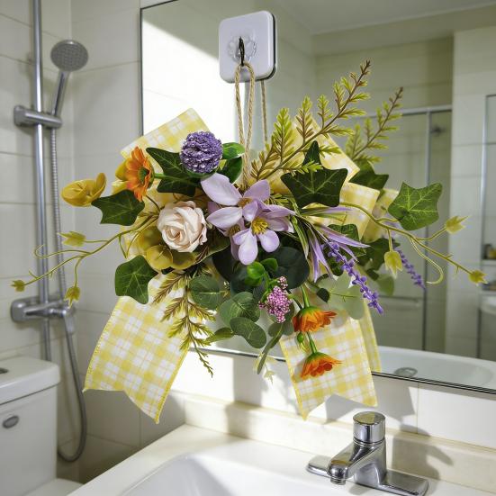 Spring Summer Artificial Violet Wreath for Front Door Small Wall Hanging Wreath with Yellow Plaid Bow for Indoor Outdoor Wall Window Kitchen Cabinet