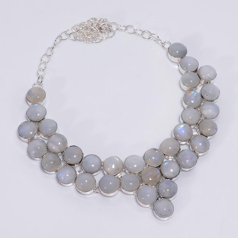 

Excellent Top Grade Qualite 100% Natural Rainbow Moonstone Round Shape Ethnic Handmade Jewelry 925 Steling Silver Necklace 18 WSJ-4740 срібний