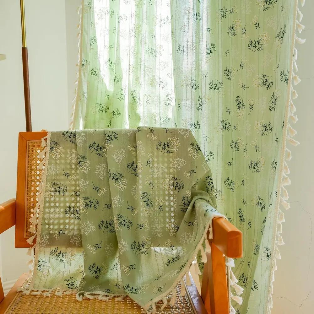 Boho Floral Semi Sheer Curtains, Farmhouse Cotton Curtains for Living Room Bedroom Vintage Rustic Patterned Printed Rod Pocket