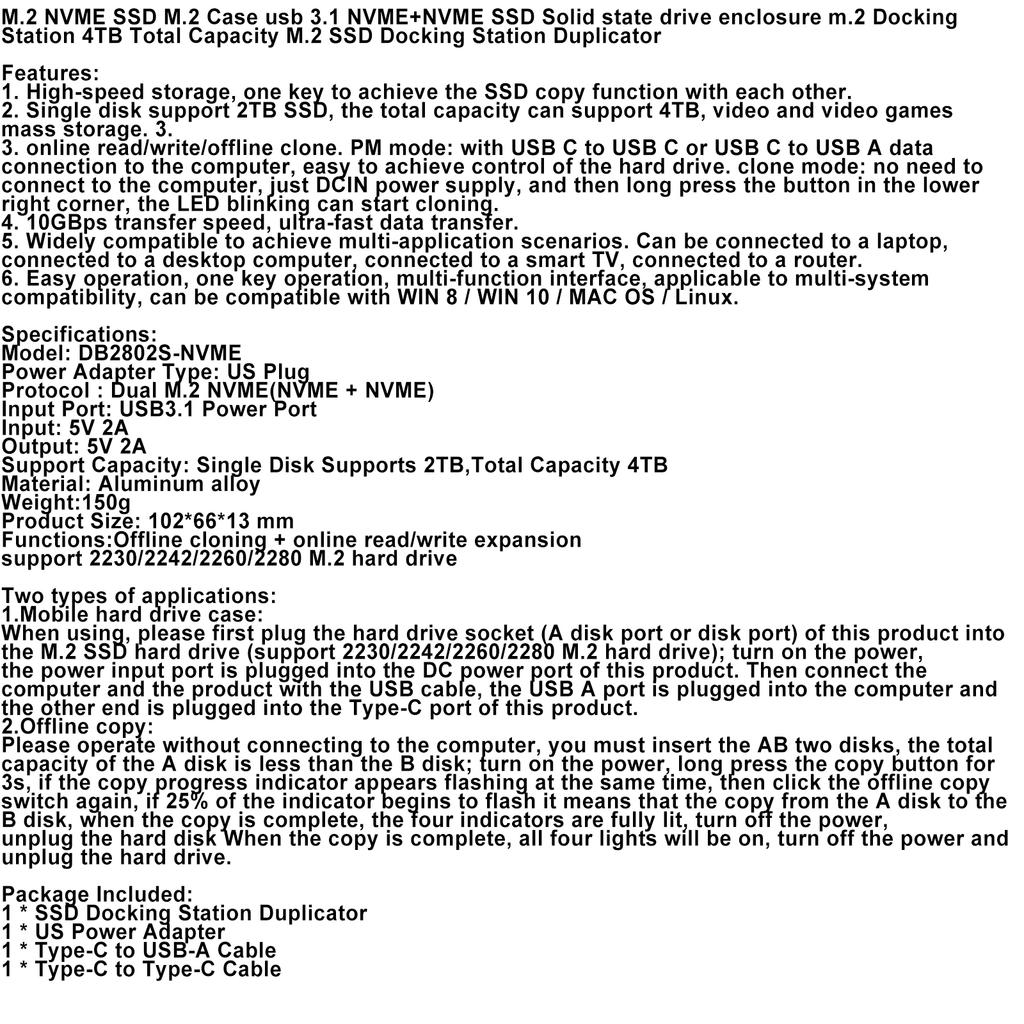 Stacja Dokująca NVME Duplikator SSD M.2 NVME+NVME Obudowa Dysku Półprzewodnikowego