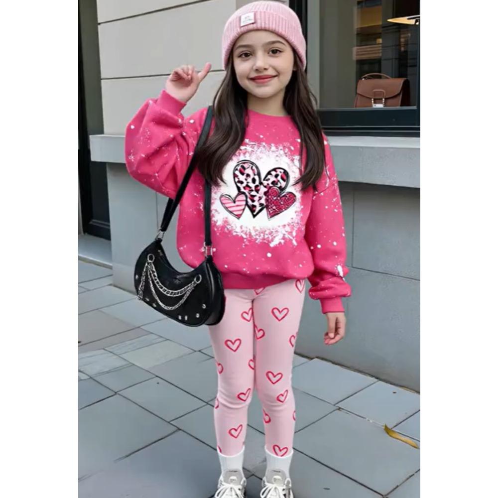 Girls' Heart Print Casual Comfortable Soft Loose Pullover Sweatshirt and Leggings 2-Piece Set, New Autumn/Winter, Playful, Sweet and Cool Style
