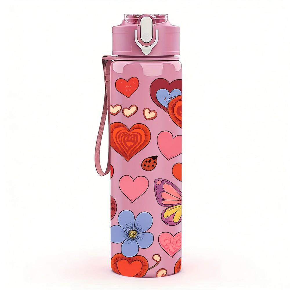 1PC Red Pink Heart Love Dense Pattern Print 750ml Color Plastic Sports Water Bottle Leakproof Flip Straw Lid Suitable for Sports Office Home Use