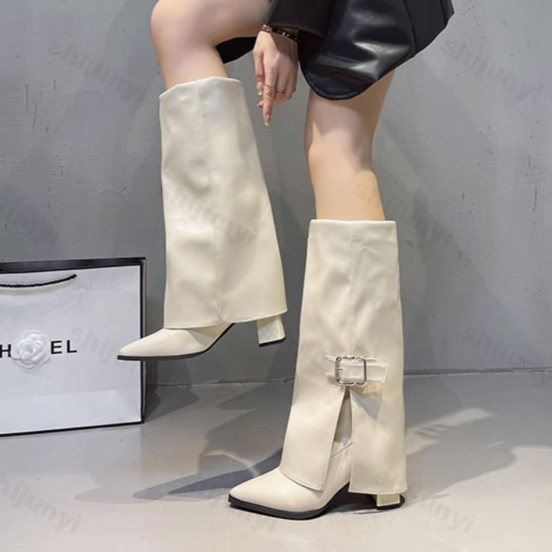 Damen Langstiefel Mode Hohe Absätze Spitze 2026 Designer Kniehohe Lederschuhe Metallschnalle Damen Mujer Botas