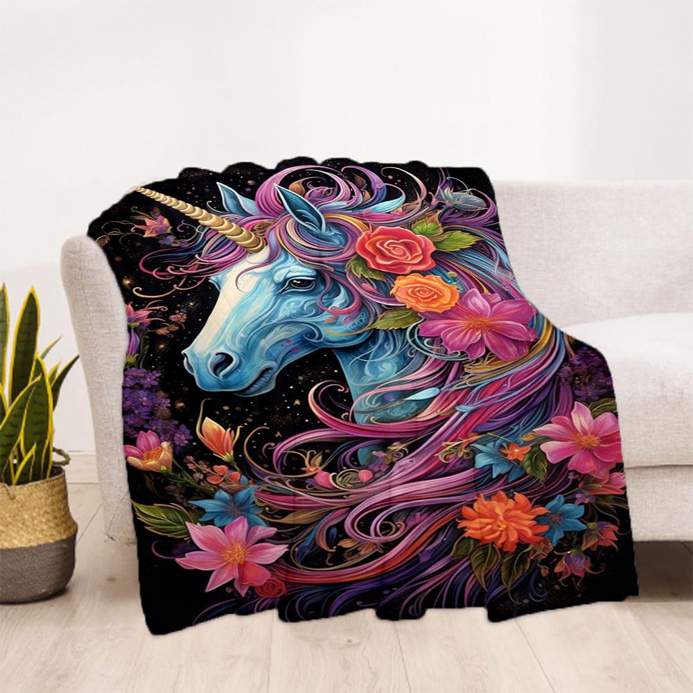 1pc Unicorn Flowers Flannel Blanket, Comfortable and Warm Blanket, for Camping Sofa Bed and Couch Office006