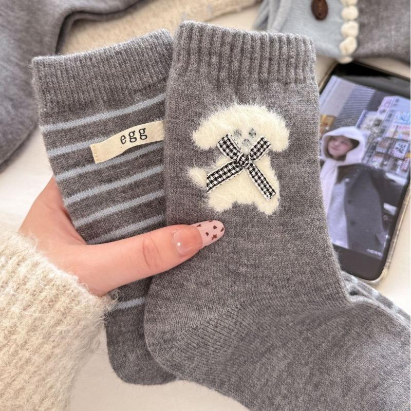 Thick Wool Socks for Autumn and Winter, Women's Button Bow Pile Socks