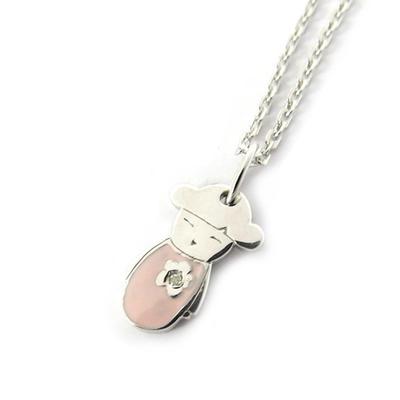 [L2947] - Pink 'Japanese Dolls' Silver Necklace