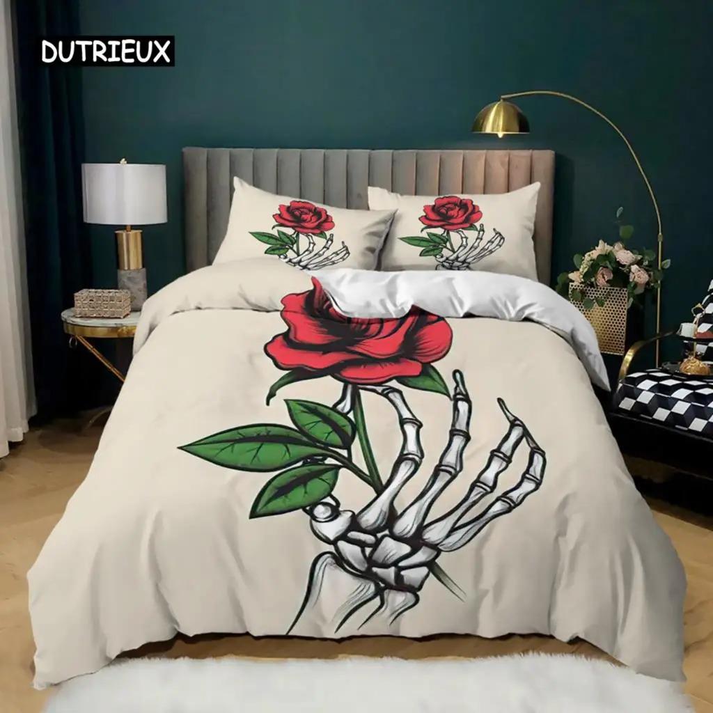 Skull Duvet Cover Queen Size Gothic Skeleton Bedding Set Rose Flower Polyester Comforter Cover for Kids Teens Adults Halloween