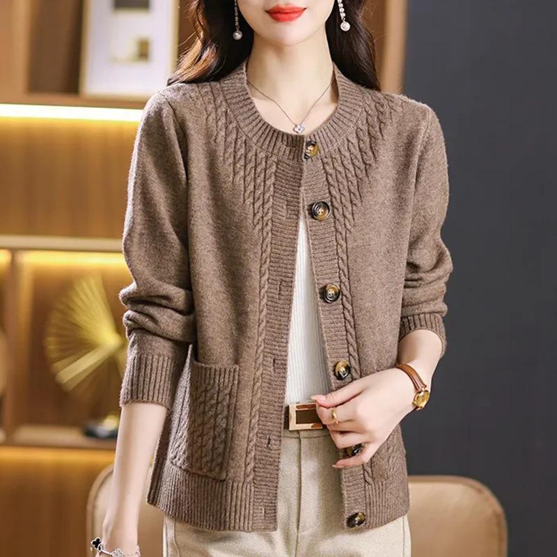 Maglione Cardigan Abbigliamento Donna Autunno Inverno Giacca Girocollo Maniche Lunghe Maglione Lavorato a Maglia Largo Versatile Top da Donna Cappotto