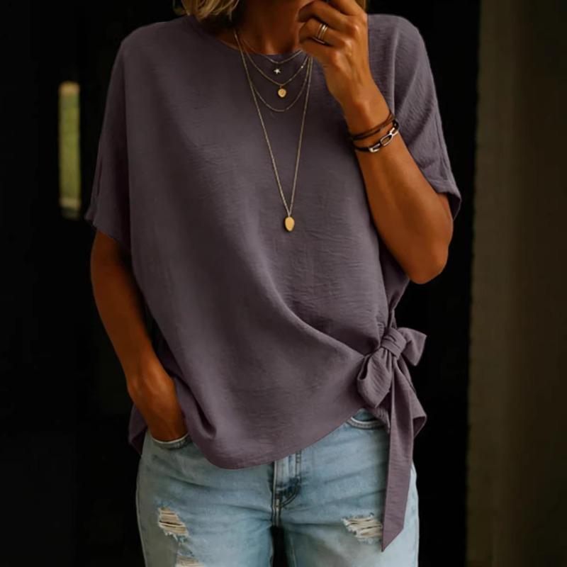 Women's new summer solid color short-sleeved hem knotted loose T-shirt top