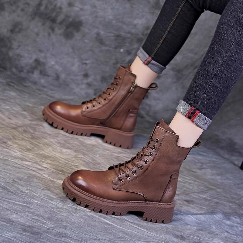 2025 autumn new handsome British side zipper platform cotton short boots locomotive boots lace-up middle help Martin boots