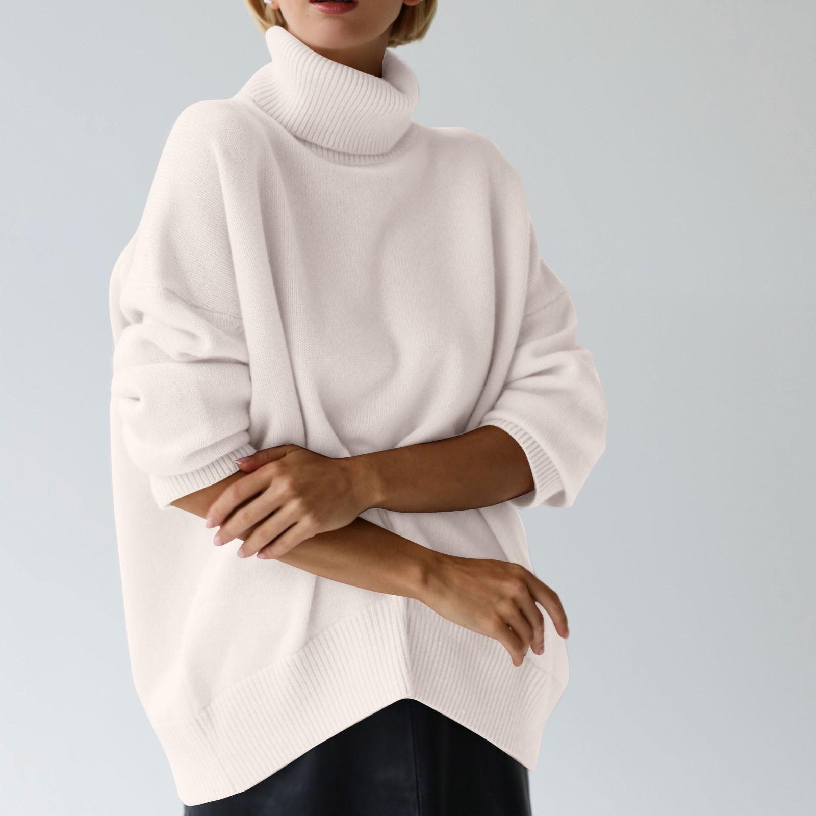 

Женский свитер с высоким воротником, однотонный свободный джемпер с длинными рукавами, вязаный свитер, мягкий пуловер L белый