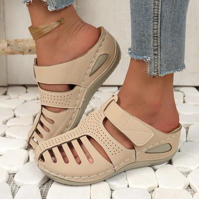 Summer New Foreign Trade Large-size Women's Shoes Thick-soled Half-bag Head Hollow Breathable Wedge Heel Round Head Casual Sandals