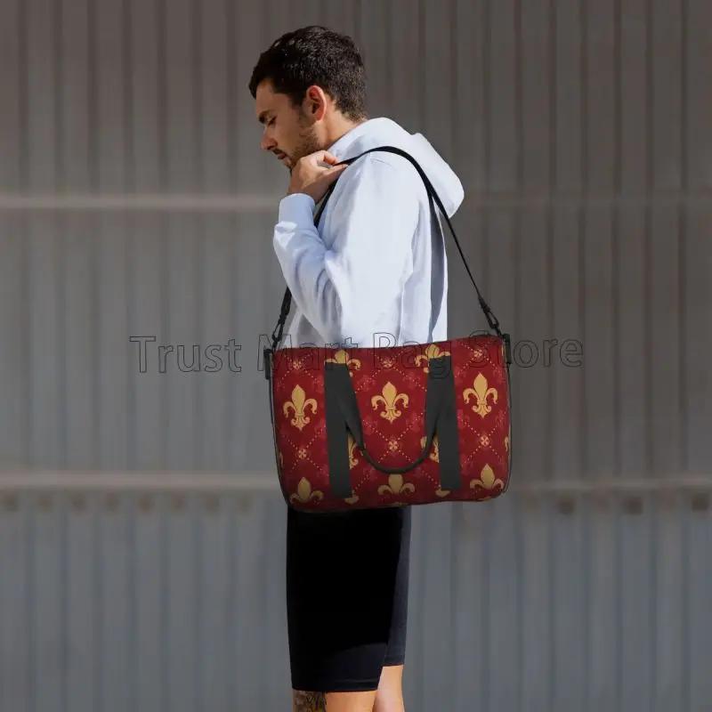 Heraldic Red Lis Expensive Kingly Gold Lily LYS Fleur Pattern Travel Duffel Bag Weekender Overnight Bag Large Capacity Tote Bags