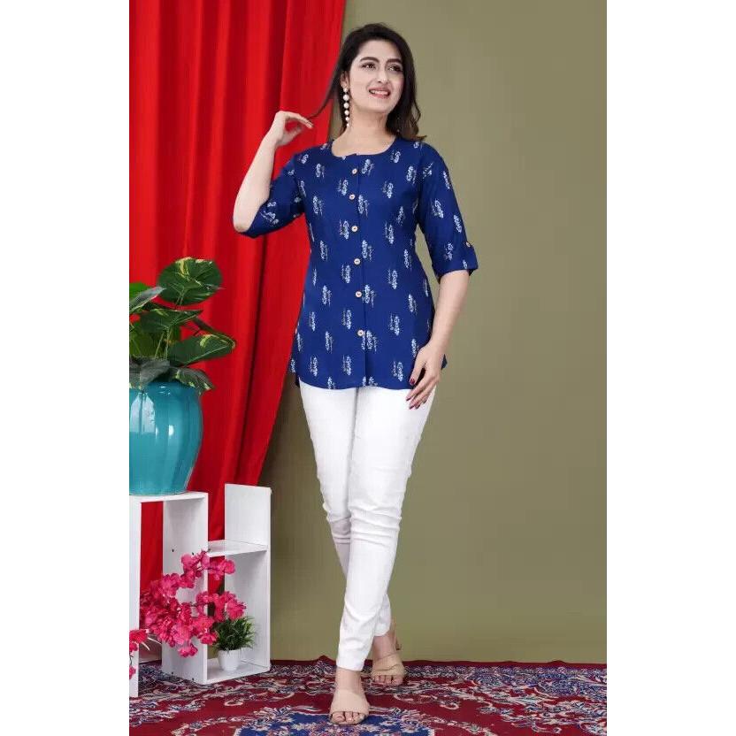 Women's Casual Regular Sleeves Printed Blue Top Kurta Indian Pakistani Top Tunic VF-1898a