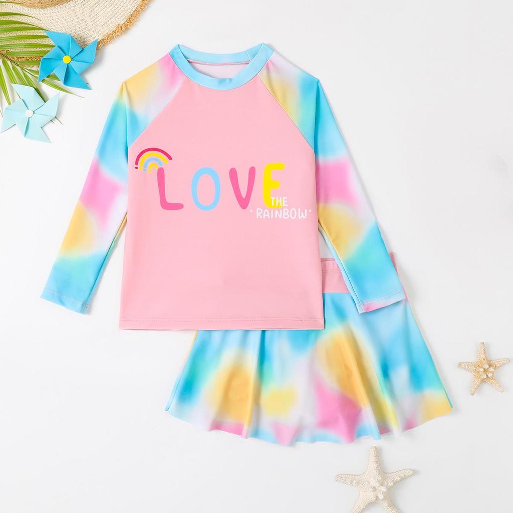 Girls' Tie-Dye Long-Sleeve Two-Piece Swimsuit Set with Short Skirt