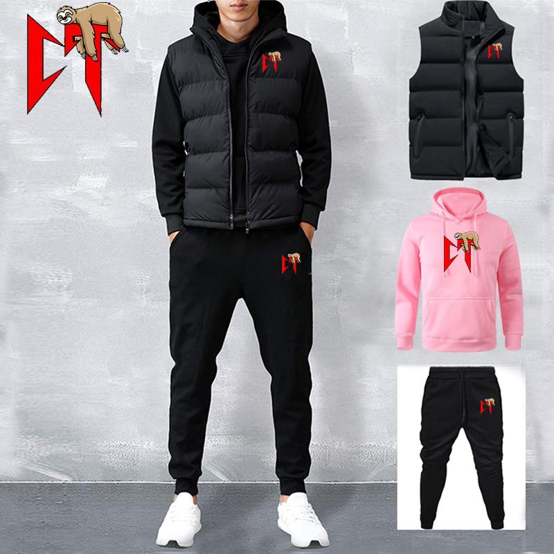 Men's Tracksuit  Vest+Hoodies+Sweatpants Suit Casual Jogger Sportswear 3 Piece Male Fleece Streetwear Sets