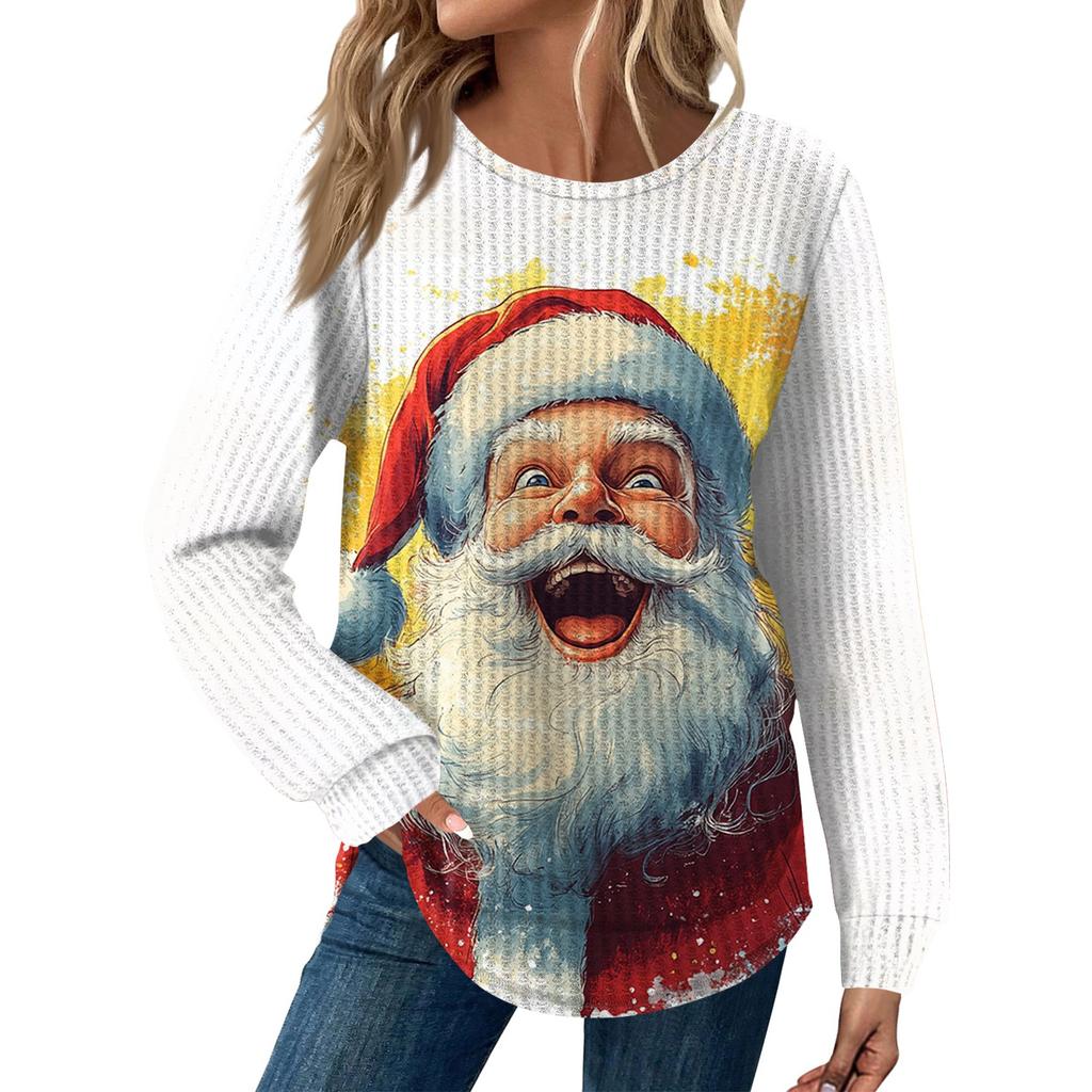 Dámská móda Ležérní Volný Top s kulatým výstřihem a dlouhým rukávem s vánočním potiskem