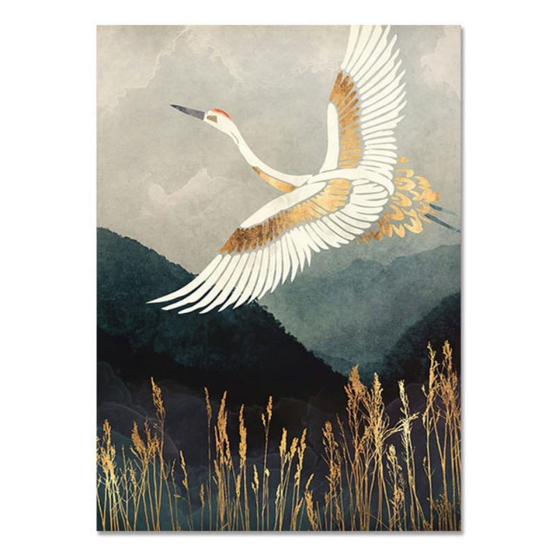Retro Chinesischer Stil Leinwandmalerei Goldener Fliegender Kran Abstrakte Sonne Tier Vogel Poster Drucke Wandkunst Bild für Wohnzimmer