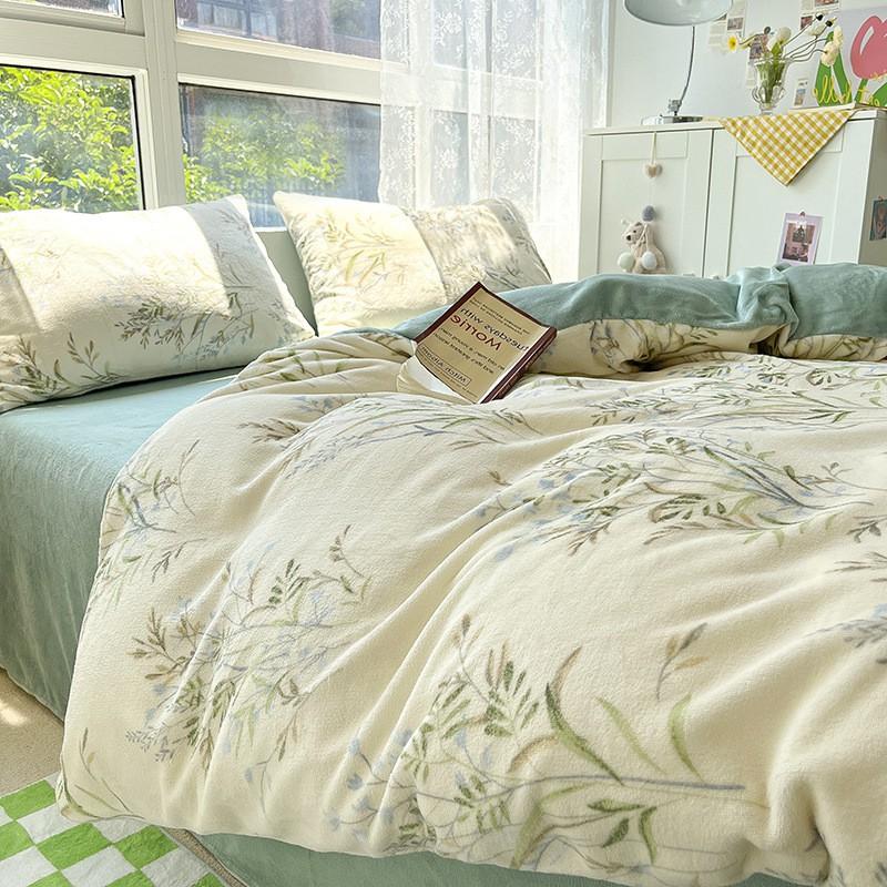 Winter Thick Warm Milk Coral Fleece Bedding Set Ins Fresh Duvet Cover Single