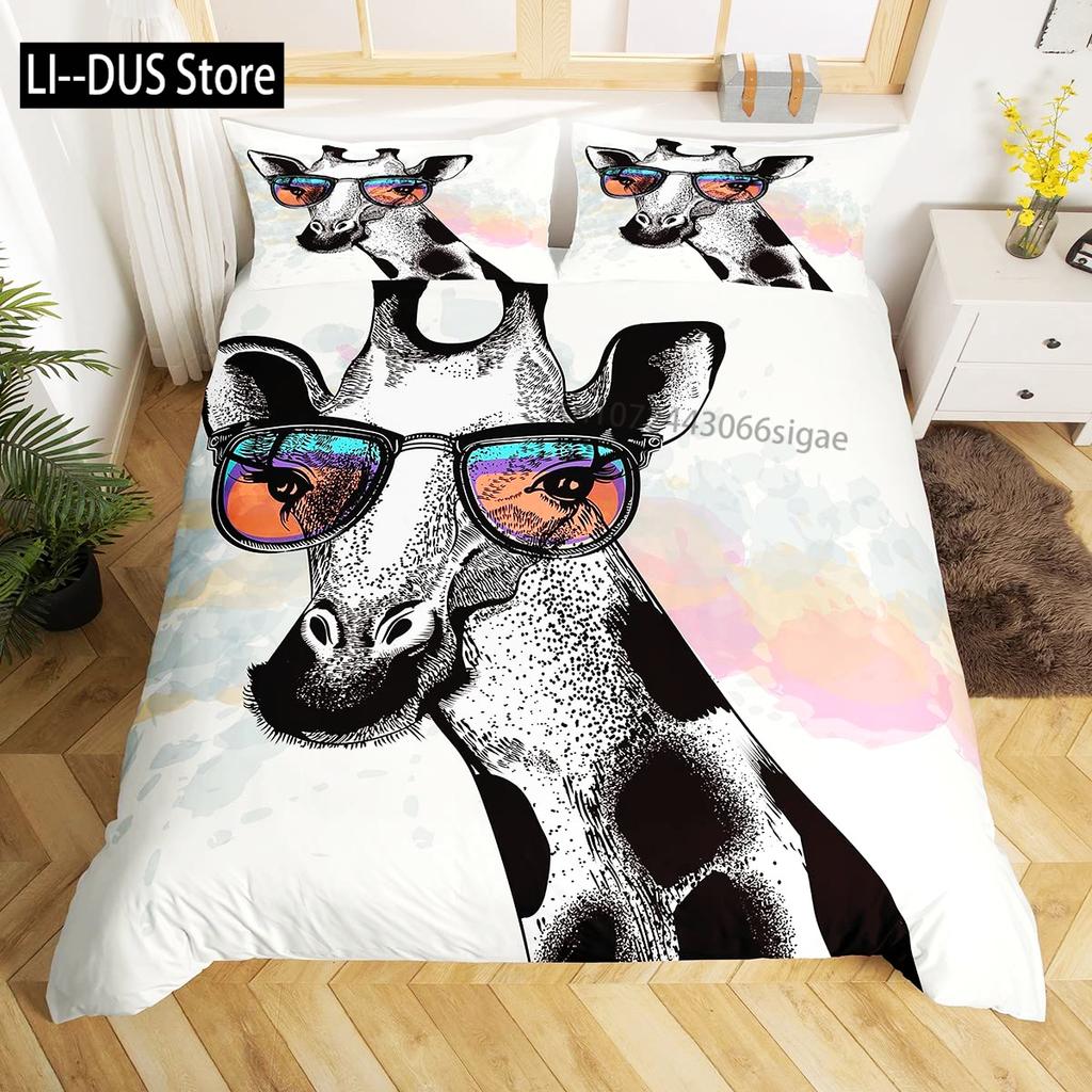 Giraffe Duvet Cover Queen,Tropical Wild Animal Comforter Cover 3pcs, Soft Bedding Set,Romantic Giraffe Bedroom Decor Quilt Cover