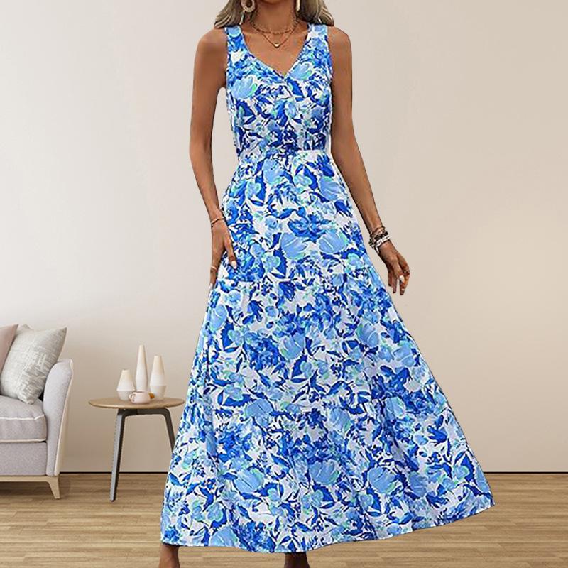 2025 Summer Women's Fashion New V-neck Casual Printed Sleeveless Dress