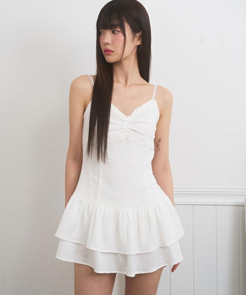 Limekeu Shirred Lace Strap Camisole Dress White