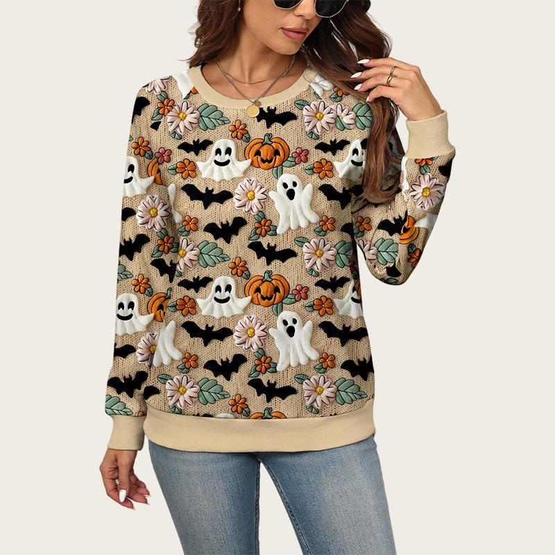 

Ladies Spring Autumn Ghost Pumpkin Halloween O Neck Long Sleeve Pullover Hoodies Sweatshirt Top 0XL