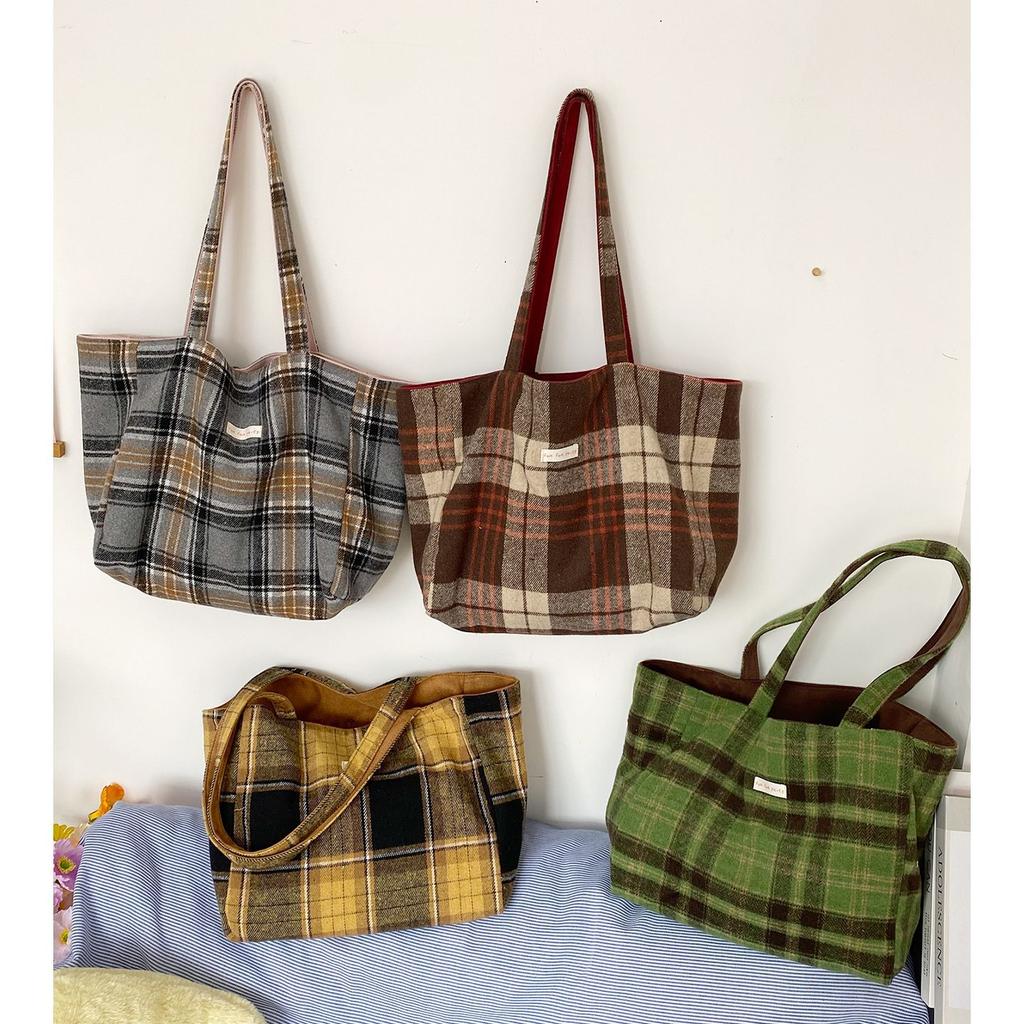 Autumn Plaid Women Double-Sided Woolen Shoulder Bags Large Capacity Ladies Suede Casual Tote Letter College Style Girls Handbags