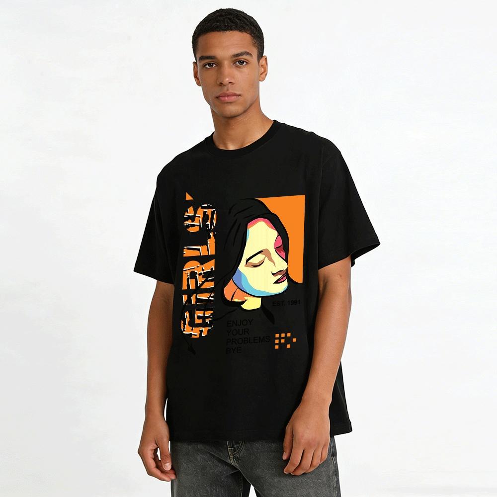 Abstract Portrait Letter Print Tee EST1991 Trendy Casual Top For Men Women Pure cotton T-shirt