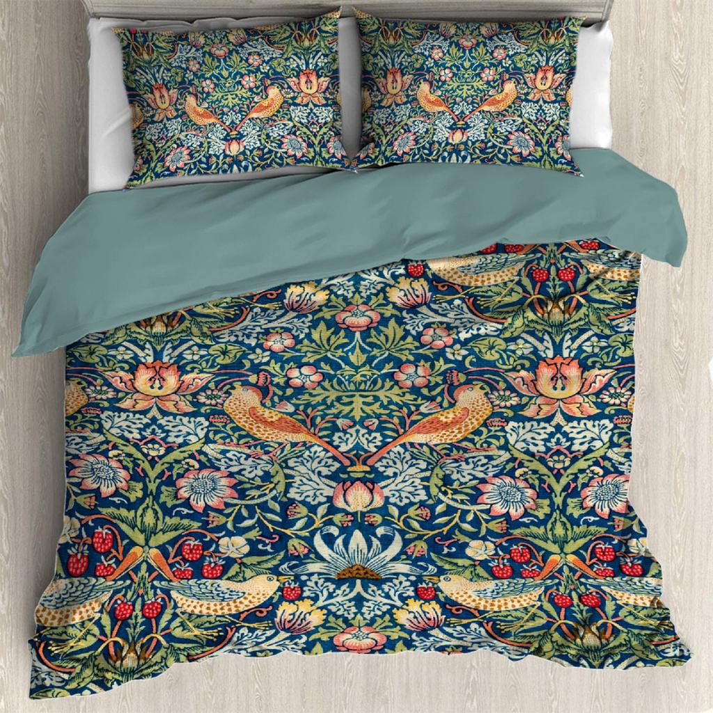 William Morris Strawberry Thief Bettbezug-Set Doppelbettgröße Queen-Size Weich Treffen Sanfte Bettwäsche-Sets Für Teenager/Erwachsene Bettdeckenbezug