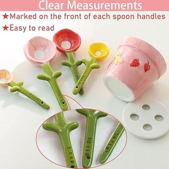 4Pcs Flower Measuring Spoons Set, Ceramic Nesting Measuring Cups with Stand, Cute Kitchen Baking Tool for Coffee Tea, Gift for Bakers