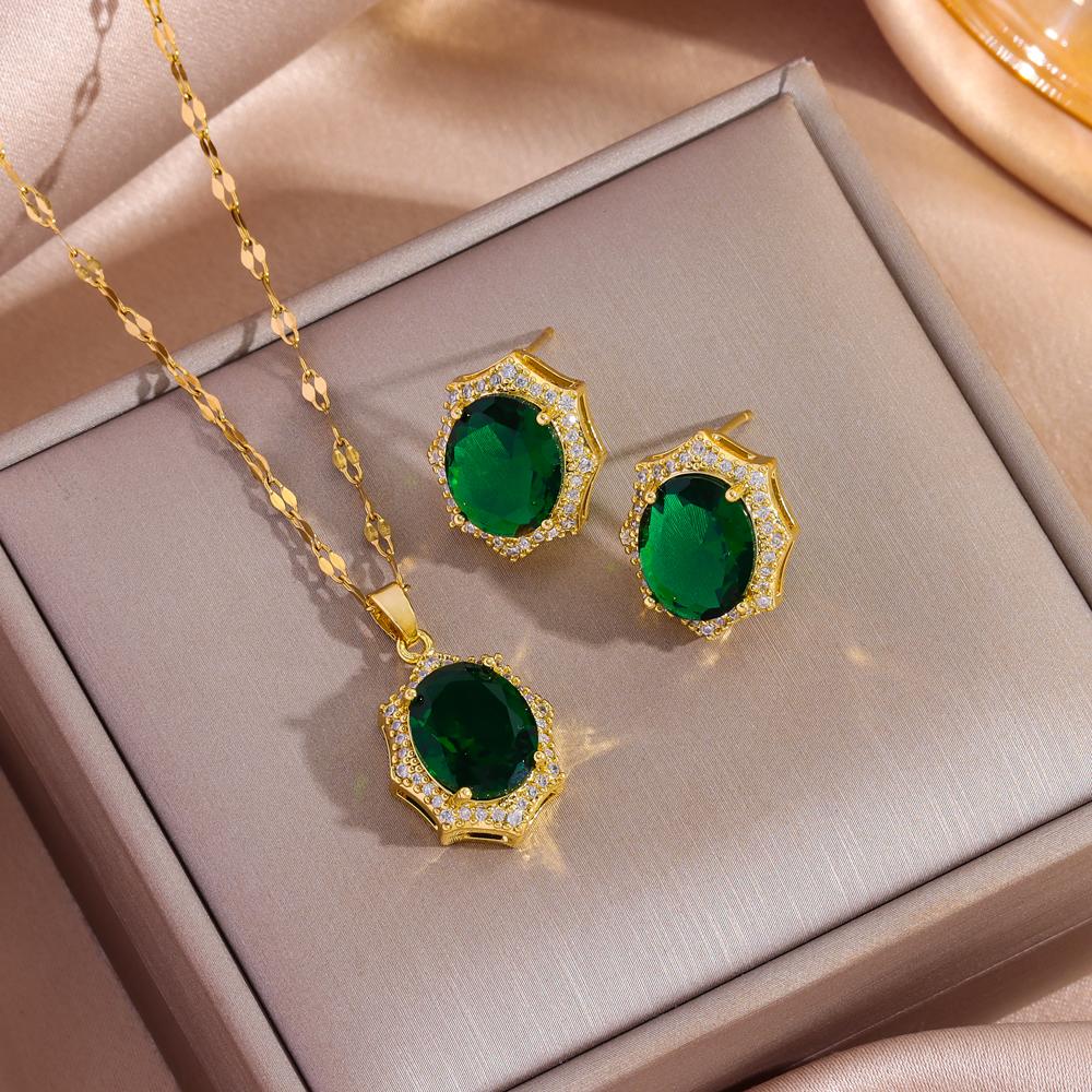 Top Luxury Gold Plated Copper Pendant Necklaces Earrings For Women Trendy Fashion Female Jewelry Set Girls Clavicle Chain