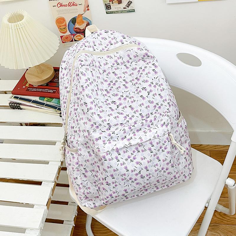 Flower Print Backpack Women's School Bag Campus Girls Nylon Backpack