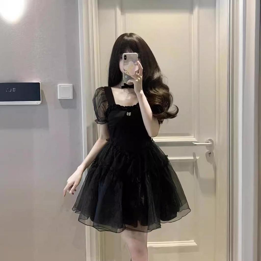 French Retro Black Puff Sleeve Slim Dress - Summer Little Black Dress