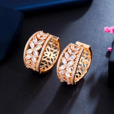 CMM High Quality Cubic Zircon Gold Color Hollow Leaf Shape Hoop Earrings