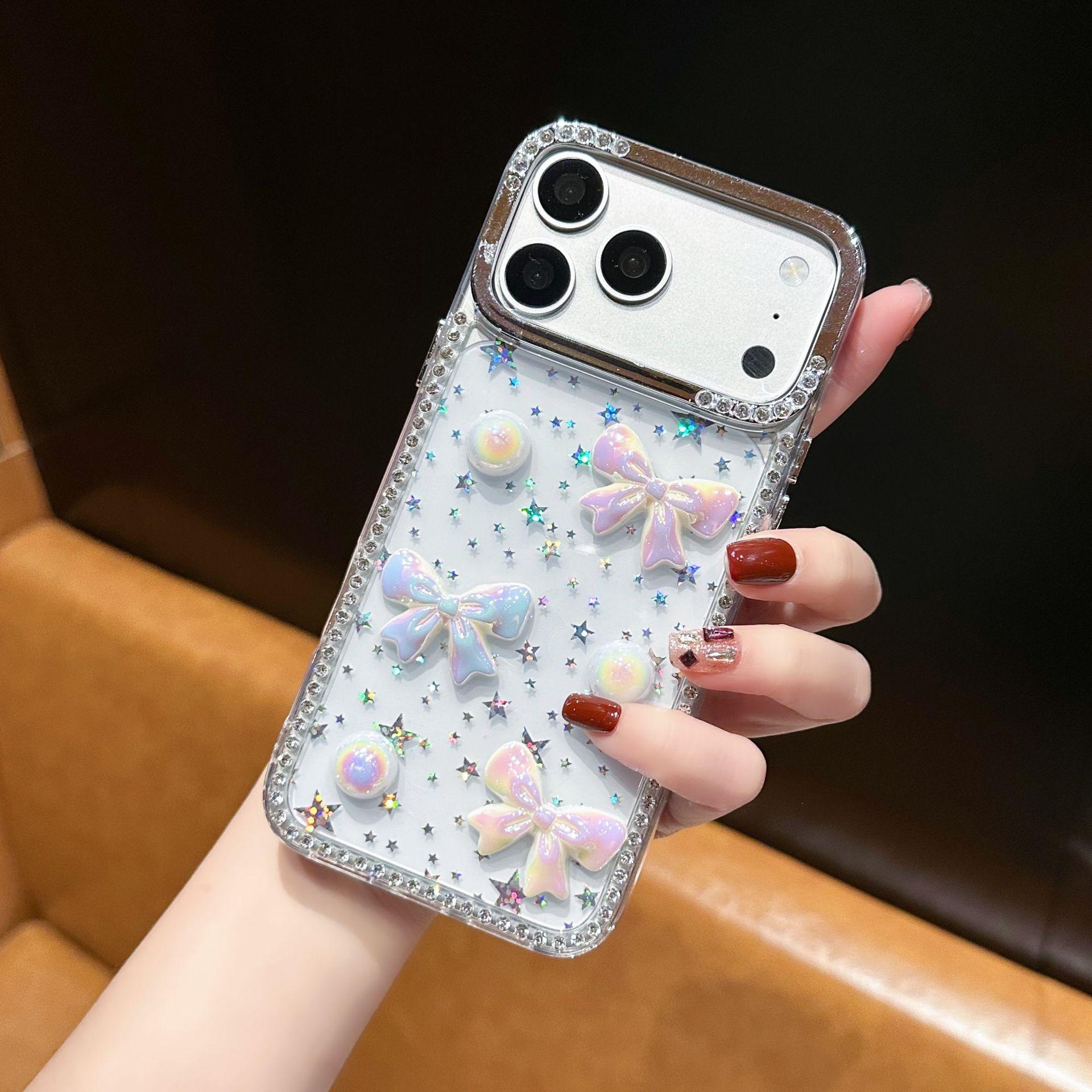 

Iridescent Bow Sparkling Diamond Star Phone Case for Apple 17 Pro Max, 16, 12, 11 - Cute & Simple. 17 Pro