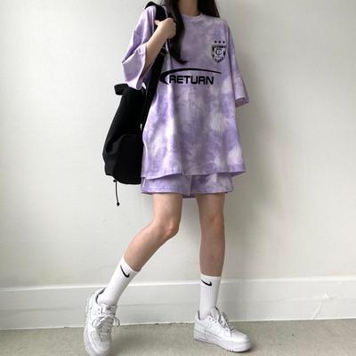 Women Summer Casual Sports Loose Short Sleeve Letter Top & Shorts Tie-dye Printed Cotton Outfit Two Piece Clothes Set