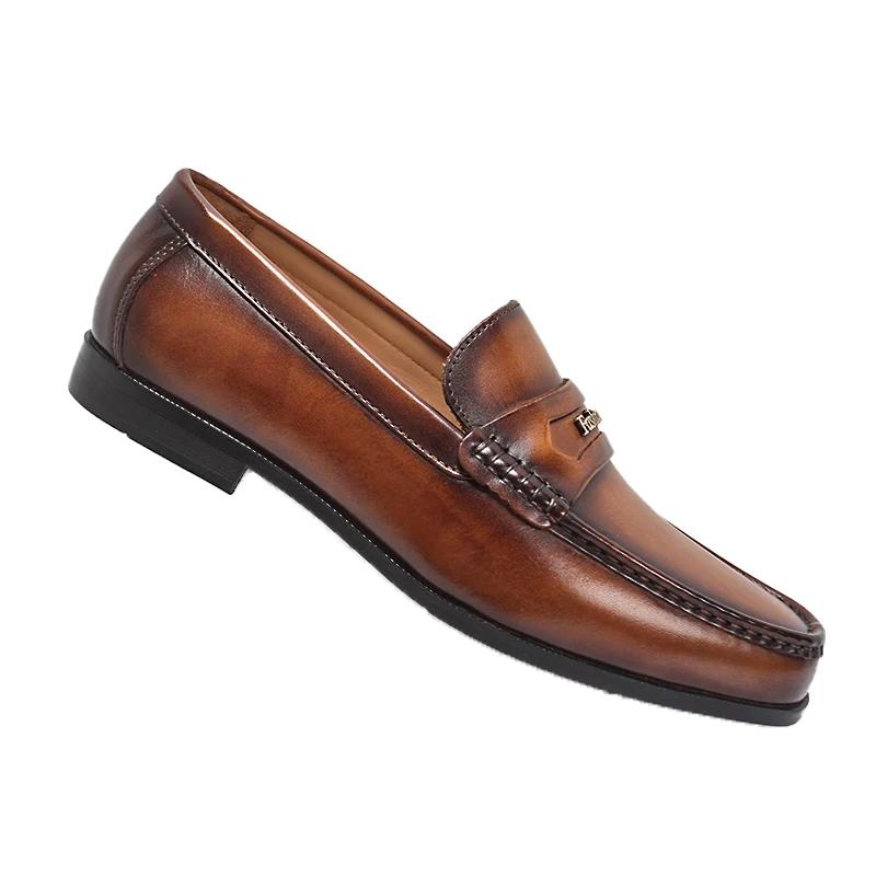 Fashion Men's Brown Genuine Leather Slip-On Loafers Retro British Style Low Heel Comfortable Indoor Banquet Shoes Small Leather Footwear