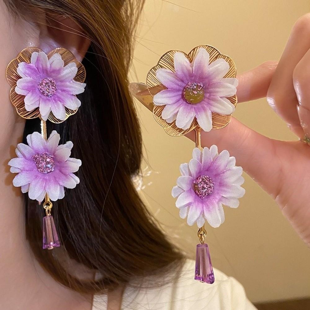 Sweet Fabric Flower Earrings Colorful Crystal Drop Earrings Floral Pendant Earrings Gift