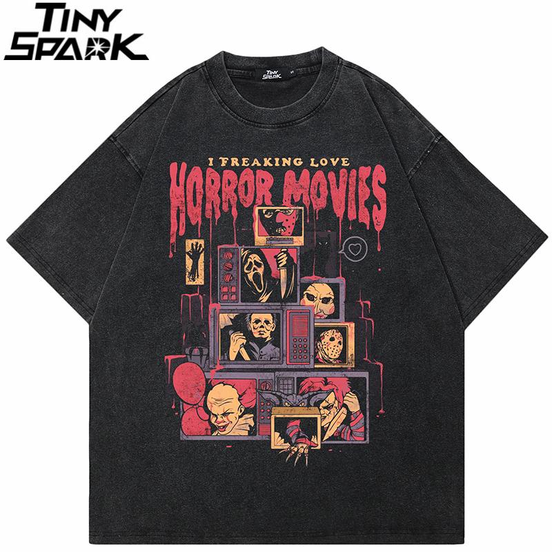 Hip Hop Retro Washed Black TShirt Streetwear Horror Movie Freak Ghost Graphic T Shirt Cotton Unisex Tshirt Men Tops Tees