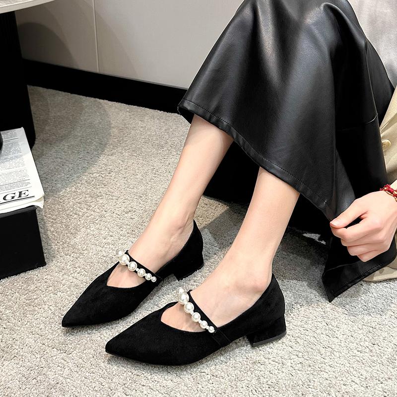 Fashion 2025 New Spring New Coarse Heel Shoes Women's Fashion Pointed Head Shallow Mouth Beaded Waterproof Non-slip Low-top Shoes