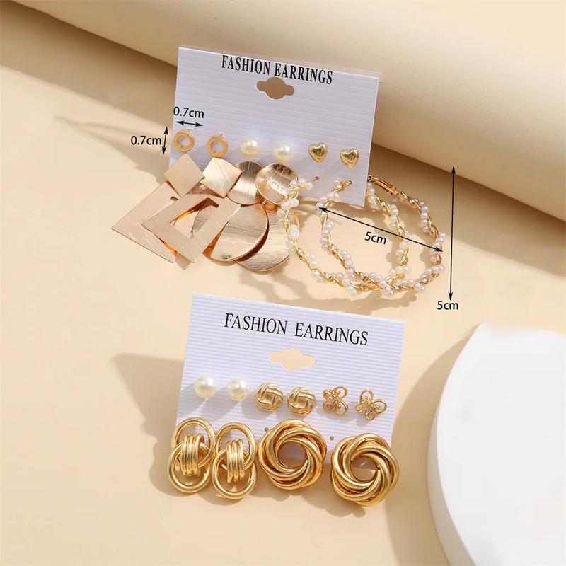 Vintage 2Sets/Pack Gold Color Metal Twist Pearl Hoop Earrings for Women Girls Geometric Knot Heart Dangle Earring Set Jewelry