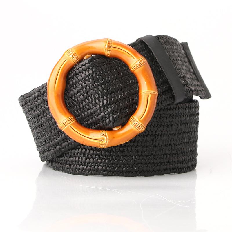 Women's Wide Round Buckle Elastic Belt - Cotton & Linen, Straw Style, Mori Girl Fashion.