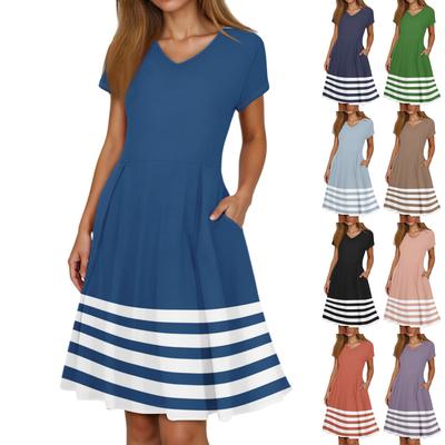 Vestido Casual de Verão Feminino com Listras Estampadas, Decote em V, Manga Curta e Bolsos